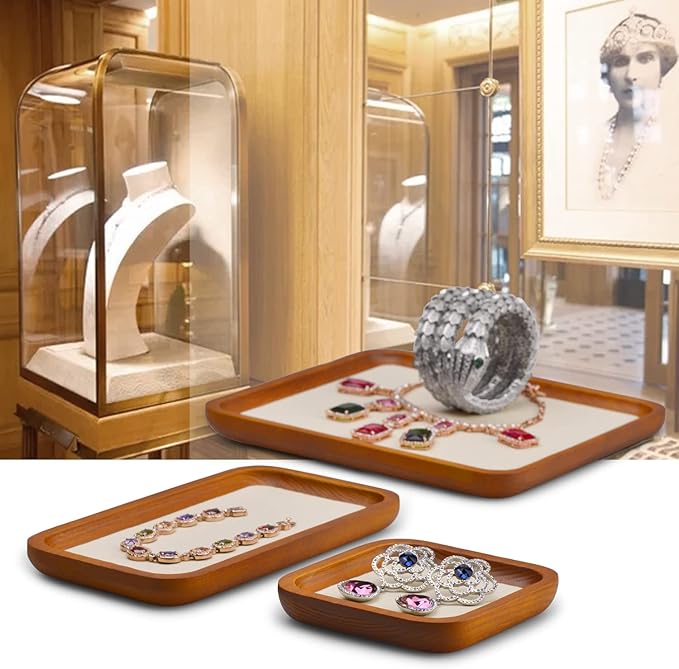 Oirlv Solid Wood Jewelry Display Tray Small Jewelry Tray Rings Earrings Bracelets Necklace Holder Organizer(Small, Creamy-white)