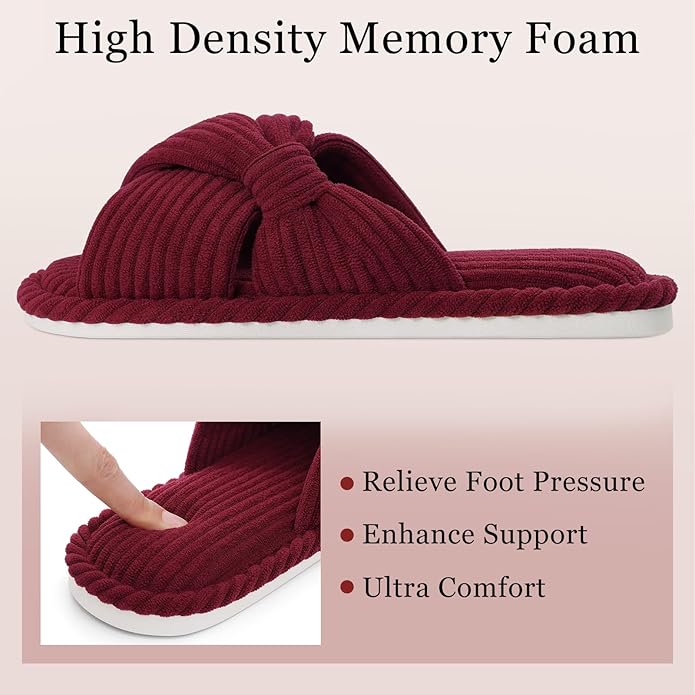 Evshine Fall House Slippers for Women Corduroy Cross Bow Indoor Slippers Open Toe Slip On Bedroom Shoes with Memory Foam