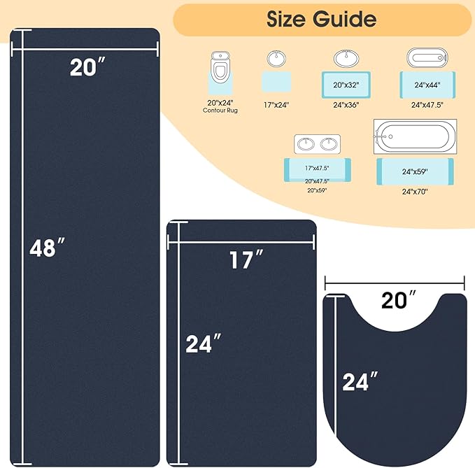 Ultra Thin Bath Mat, Upgrade Backing Non Slip Thin Bath Mats Fit Under Door, Quick Dry Ultra Absorbent Bathroom Rugs, Machine Washable Bath Rugs for Bathroom, Bathtub, Dark Blue/Solid/3 Piece