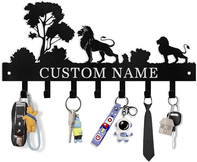 Personalized Key Holder Wall Mount, Black Metal Key Hanger Adhesive Key Rack Organizer with Lion Design, Key Hooks Wall Decorative for Living Room, Entryway, Doorway, Hallway, Garage