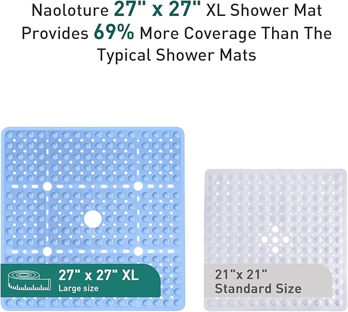 Large Square Shower Mat 27 x 27 Inch Light Blue, Non Slip Shower Bathtub Mats for Inside Shower with Big Suction Cups Drain Holes, Anti Slip Bathroom Floor Stall Mats, Easy Clean, BPA-Free