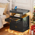 Gurexl Farmhouse Night Stand with Lockable Gun Drawer,LED Nightstand with Charging Station,Bedside Table with Human Sensor 3-Color Lights,End Table with 3 Drawers,Bedroom,Black