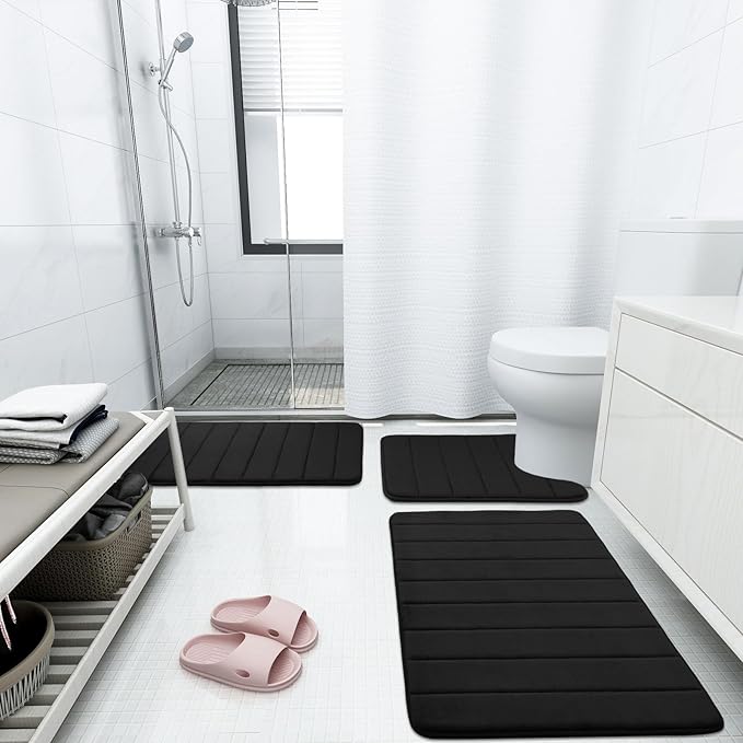 Buganda Memory Foam Bath Mat, 47" x 20", Ultra Soft and Non-Slip Bathroom Rugs, Water Absorbent and Machine Washable Bath Rug Runner for Bathroom, Shower, and Tub, Black