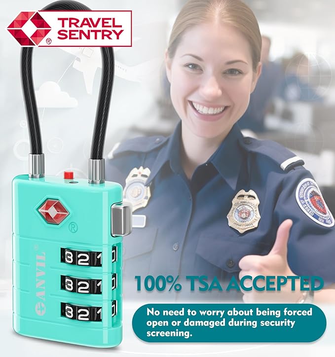 ANVIL TSA Approved Luggage Locks – High Security TSA008 Combination Travel Locks with Inspection Indicator for Suitcases and Backpacks. (2, Cyan)