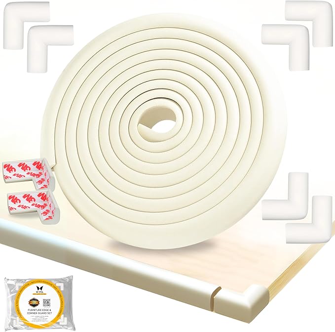 Table Edge Protector for Baby Proofing (18ft Edge+8 Corners) Baby Proof Corners and Edges Guard, Soft NBR Rubber Foam 3M Adhesive, Furniture Corner & Edge Safety Bumpers for Table & Fireplace-White