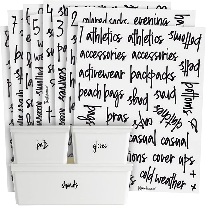 Talented Kitchen Closet Labels for Organizing Bins & Baskets - 224 Clear Vinyl Preprinted Script Labels (1"-1.5" Tall), Water Resistant - Drawer Tags for Storage, Wardrobes & Baskets