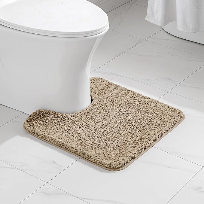 MIULEE Microfiber Toilet Bath Mat U-Shaped Contour Shaggy Bathroom Rugs Non Slip Extra Thick Soft Bath Rug Absorbent Water for Bathroom Commode Machine Washable(20x24 Inch, Tan)