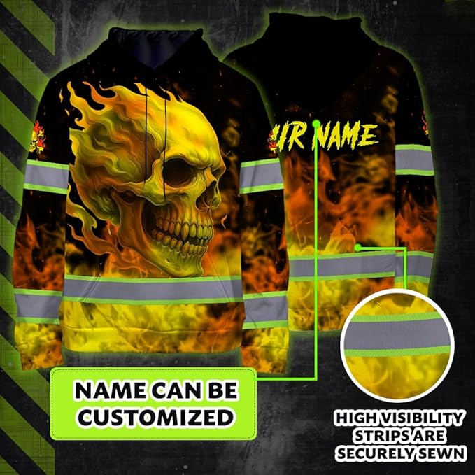 Matedecor Skull US Flag Reflective High Visibility Hoodie For Men Construction Hi Vis Safety Workwear Custom Name