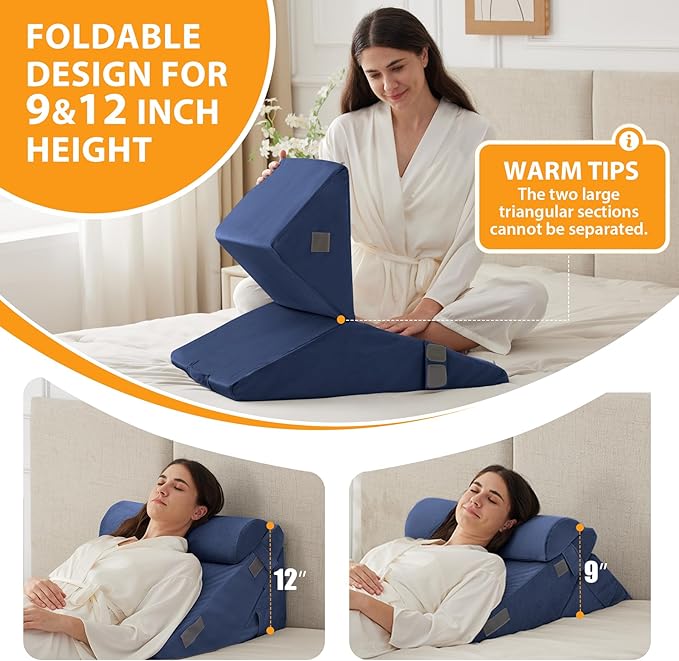 3PCS Wedge Pillow Set for After Surgery, Adjustable 9&12 Inch Bed Wedge Pillow for Sleeping, Incline Pillow Wedge for Headboard, Post Surgery, Acid Reflux, Neck&Back Support, Navy