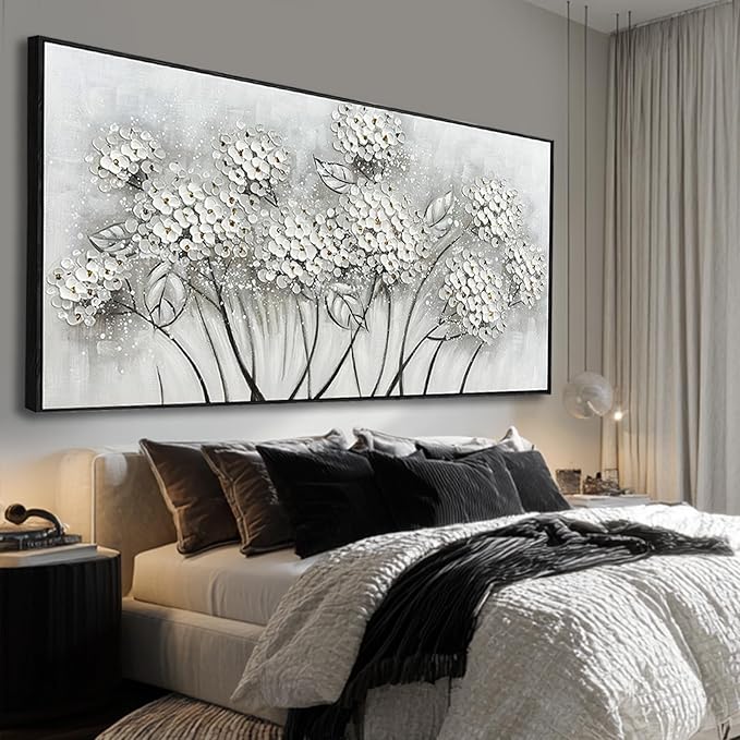 SOUGUAN Plant Hand Painted Wall Art White Wall Decor Floral Canvas Painting 32"x70" Large Artwork for Bedroom Decorative Pictures for Living Room