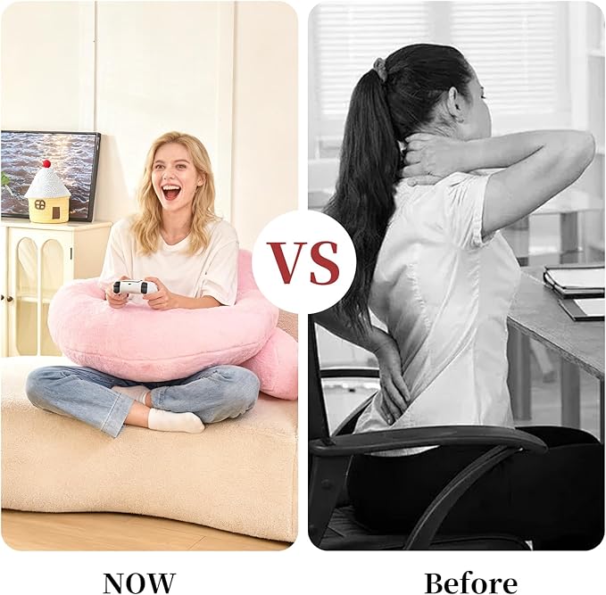 Reading Pillow for Bed,U Shaped & Back Support Pillow for Bed,17" Backrest with Lumbar & Arm Support,Luxurious Faux Rabbit Fur,Gaming PillowFor Crochet/Reading/Watching TV,Pink