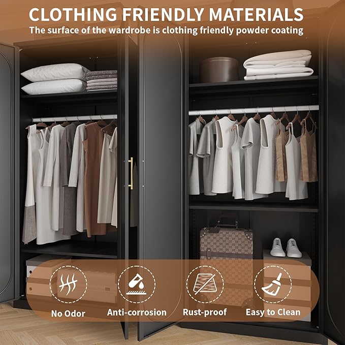 Metal Armoire Wardrobe Closet with Doors and Shelves, 71" Tall Wardrobe Closet with Hanging Rod, Freestanding Clothes Cabinets, Large Wardrobes for Bedroom, Home Office, Employee, Black