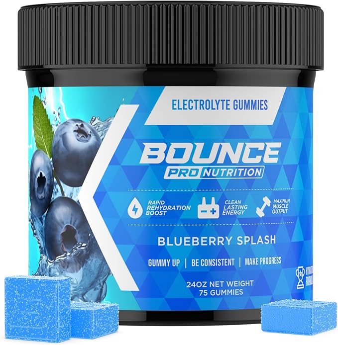 Bounce Pro Hydration Electrolyte Gummies – 75 Vegan Chewable Gummies with Sodium, Potassium & Magnesium for Running, Workouts & Endurance – No Sugar, Caffeine Free Electrolyte Chews, Blueberry Splash