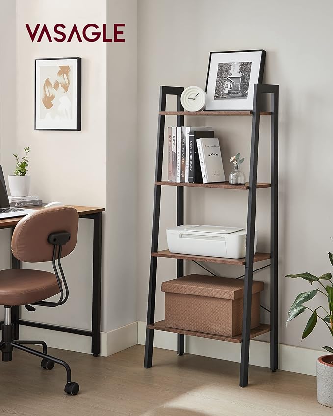 VASAGLE Ladder Shelf, 4-Tier Bookshelf, Storage Rack, Bookcase with Steel Frame, for Living Room, Home Office, Kitchen, Bedroom, Industrial Style, Hazelnut Brown and Ink Black ULLS044B03