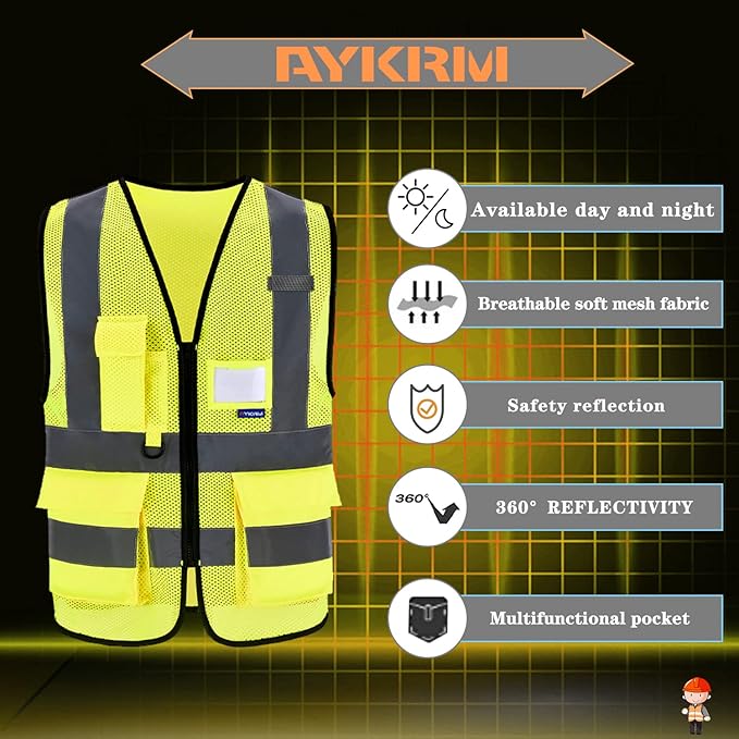 A-SAFETY High Visibility Mesh Safety Reflective Vest with Pockets and Zipper,Hi Vis Viz Reflective Safety Vest(Yellow Mesh M)