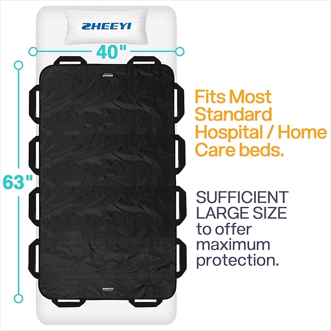 Bed Positioning Pad with Reinforced Handles 63" x 40" Washable Patient Transfer Slide Sheet for Body Lifting, Turning, Repositioning, for Elderly, Incontinence, Caregiver, Black