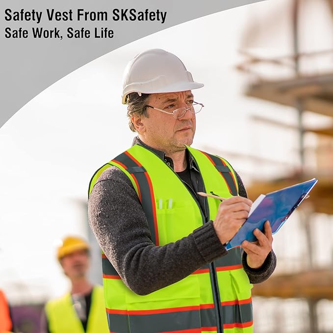 SKSAFETY 10 Pockets Safety Vest, Class 2 High Visibility Security with Zipper, Hi Vis Vest with Reflective Strips, ANSI/ISEA Standard, Construction Work Vest for Men ＆ Women （Lime, L）