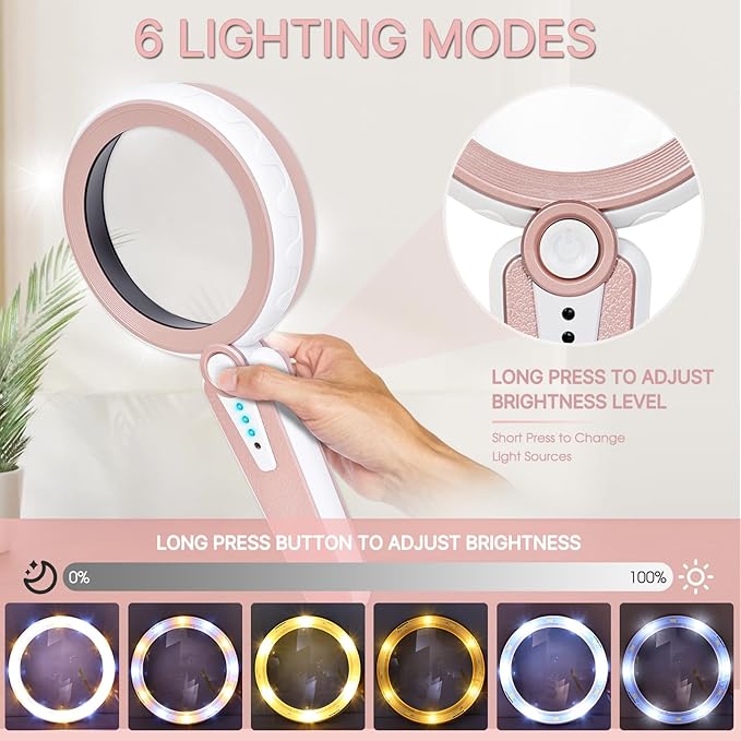 45X Magnifying Glass with Light, 1200mAh Rechargeable, 6 Light Modes, 4.6In Large Handheld Magnifier for Women, Low Vision Seniors with Macular Degeneration, Reading, Jewelry, Coins - Pink