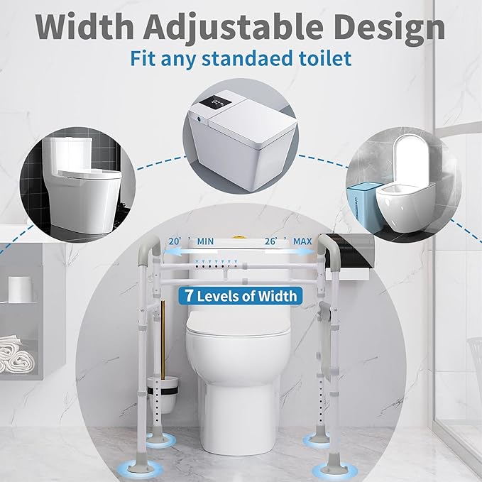 Toilet Safety Rails (300 LB) – Adjustable, Foldable Toilet Handle Frame for Elderly & Disabled Adults, Supports All Toilet Types with Storage Bag