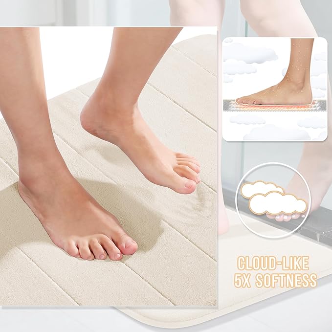 Yimobra Memory Foam Bath Mat Set 2 Piece - Super Soft Absorbent Quick Dry Bathroom Toilet Rugs, Machine Washable Non Slip Floor Carpet for Tub Shower & Single Sink (31.5x20 & 24x20, Cream White)