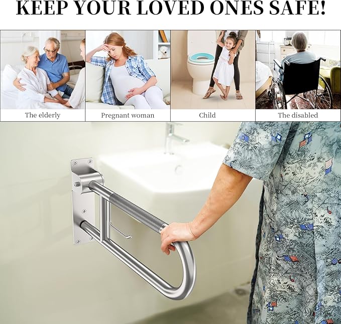 Toilet Grab Bar 22.4 Inch, YuanDe Brushed Nickel Anti-Slip Support Rail, U Shaped Flip-Up Grab Bar with Paper Holder, Stainless Steel Knurled Handicap Safety Handrails for Disabled Elderly Pregnant