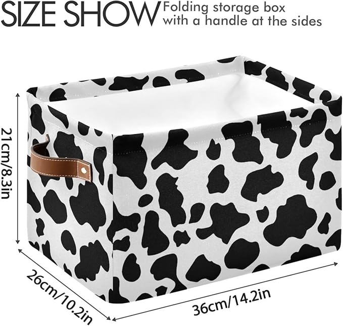 Black White Cow Skin Print Storage Basket Cube Storage Bins Organizer Bag Collapsible Closet Shelf Baskets with handle for Cloth Book 14.2×10.2×8.3 IN