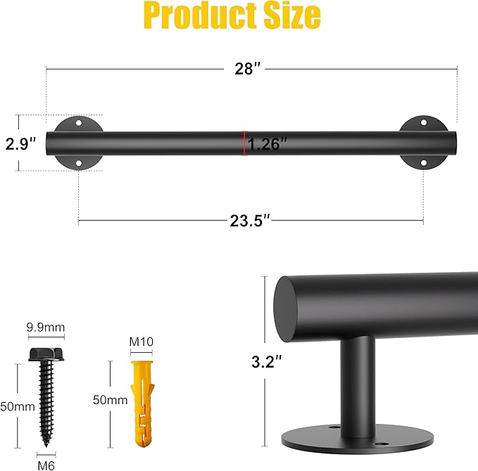 Heavy Duty Stair Railing, Wrought Iron Hand Rails for Indoor Stairs, Handrails for Bathroom, Basement, Porch Steps, Barrier-Free Staircase Grab Bar for Seniors, 28in, Black