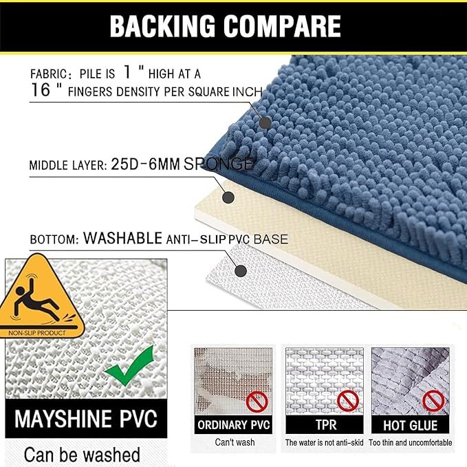 BOANKODU Bath Rug Sets 2-Piece, Soft Chenille Bath Mat - U-shape (32x20 + 20x20 Inch) for Bathrooms, Non-Slip, Machine Washable (Deep Blue)