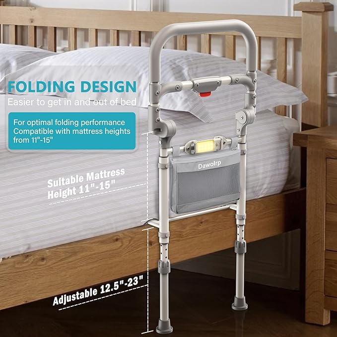 Bed Rails for Elderly Adults Safety Foldable Bed Side Assist Rail for Seniors with Motion Sensor Light & Storage Pocket, Adjustable Height Bedrails for Queen King Full Size Bed, 400 Lbs