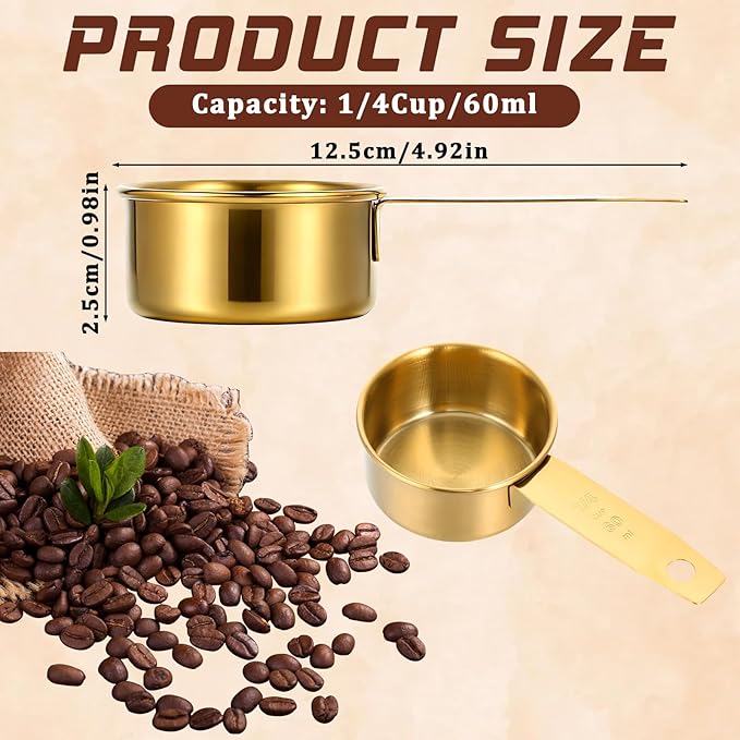 1/4 Cup Measuring Cups, 4 Pcs Golden Stainless Steel Measuring Scoop Gold Kitchen Accessories Metal 2 oz Cups for Baking Cooking Dry and Liquid Ingredient, Dishwasher Safe