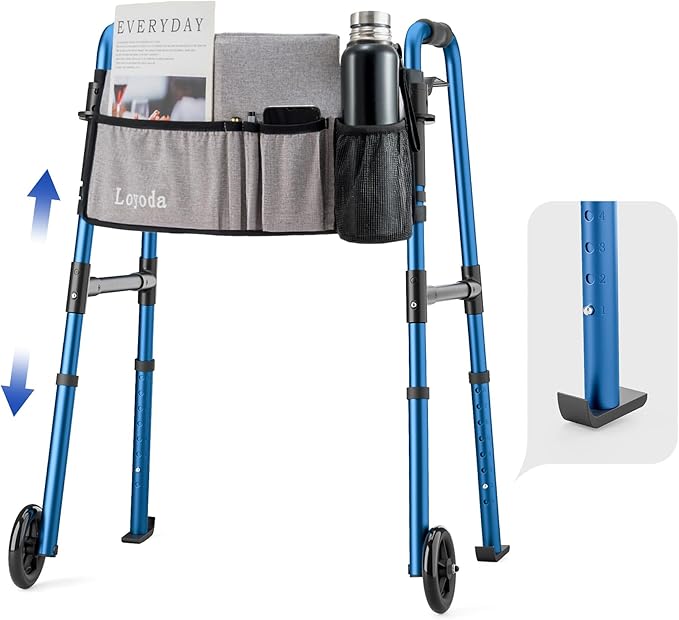 Folding Walker for Seniors, Front Wheel Walker with Storage Bag & Rear Ski Glides, Height Adjustable, 350lbs Capacity, Blue