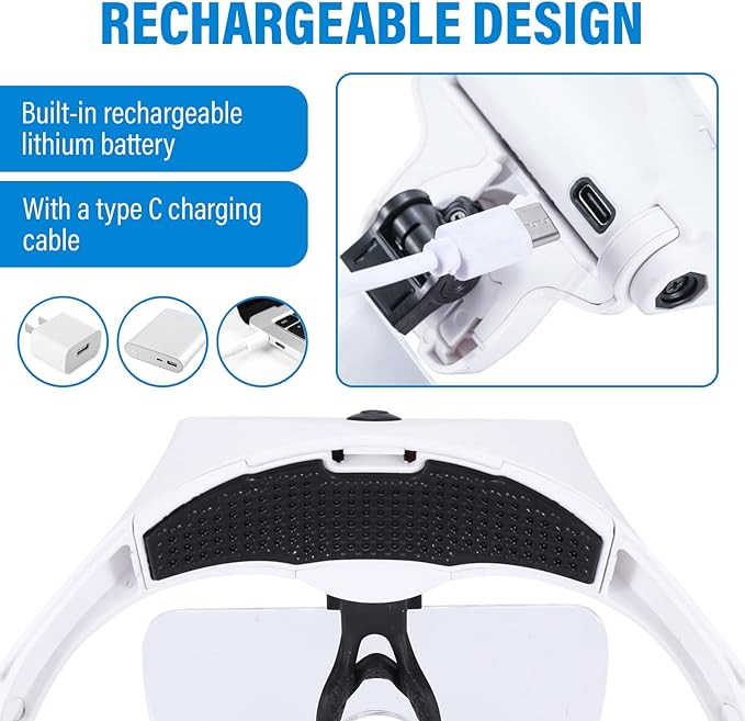 YOCTOSUN Magnifying Glasses with 4 LED Lights, Headband Magnifier with 5 Detachable Lenses 1X, 1.5X, 2X, 2.5X 3.5X -Rechargeable Hands Free Lighted Head Magnifier Glass for Crafts, Cross Stitch, Hobby