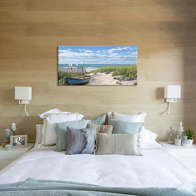 Coastal Blue Seascape Beach Sail Boat Wall Art for Living Room Office Scenic Landscape Art Deco Green Painting Prints Nature Summer Canvas Artwork Over The Couch Bedroom Decor