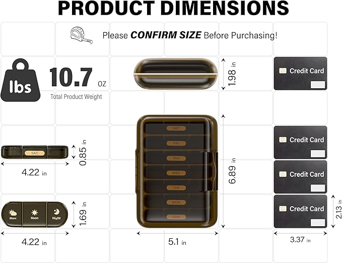 Weekly Pill Organizer 3X a Day, 7 Day Pill Box 3 Times, Portable for Travel Pill Case for Pills/Vitamin/Fish Oil/Medication/Supplements (3x7 Brown)