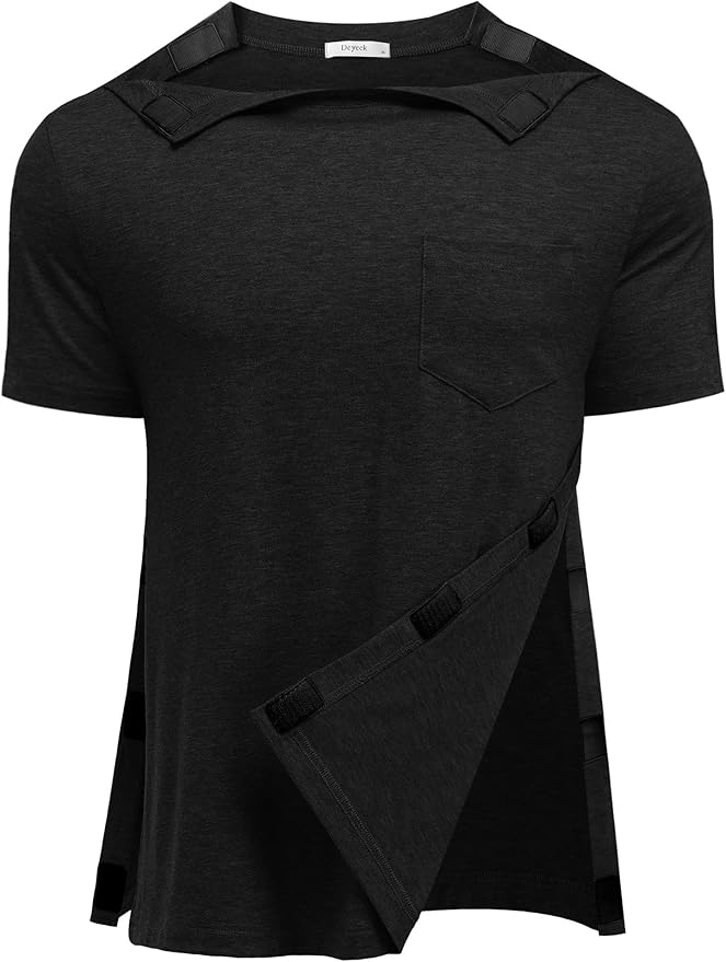 Deyeek Shoulder Post Surgery Recovery Shirts for Men Full Tear Away Short Sleeve T Shirt Adaptive Chemo Clothing