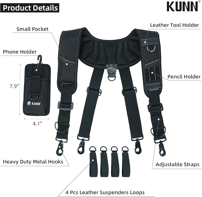 KUNN Leather Tool Belt Suspenders Construction Bag Suspenders Molded Air Channel Work Belt Suspender for Carpenter Electrician,Black