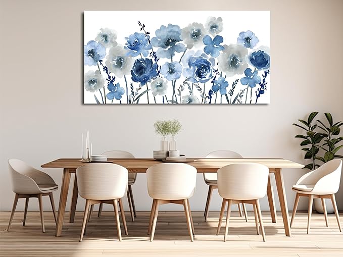 VEAEE Flowers Canvas Wall Art - Indigo Floral Canvas Pictures Living Room Wall Decor Botanical Canvas Prints Painting Abstract Artwork Bedroom Office Home Decor 29"x 58"