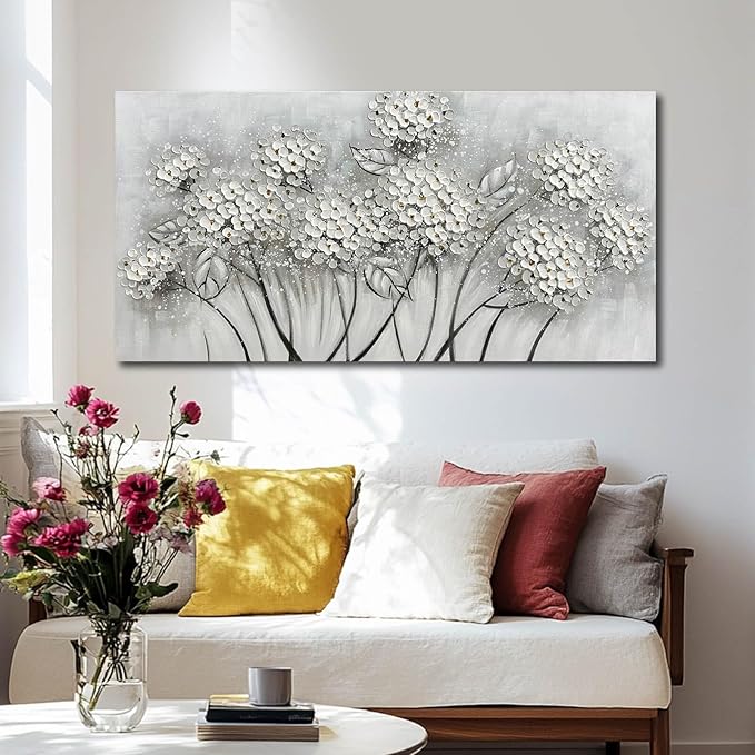 White Flower Wall Art- Canvas Print Art- Botanical Pictures for Bedroom - Hand Painted Wall Decor - Floral Painting Home Decorations with Framed 20x40 Inch