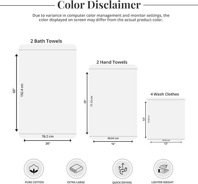 Tens Towels Pack of 8 Towels Set, 2 Extra Large Bath, 2 Hand, 4 Washcloths, 100% Cotton, Lighter Weight, Quicker to Dry, Super Absorbent, Perfect for Bathroom, Dark Grey