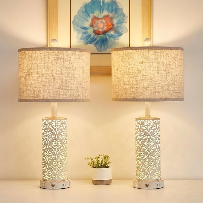 26" Farmhouse Table Lamp Dual Light, 3-Way Dimmable Touch Lamps, Rustic Nightstand Bedside Lamps with 2 USB Ports + AC Outlet, Modern Nightlight for Living Room Bedroom and Nightstand