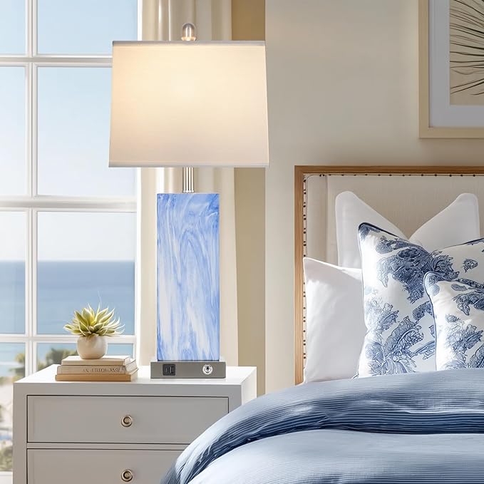28.5" Coastal Blue Ceramic Table Lamps Set of 2, 3-Way Touch Control Bedroom Lamp with USB C+A Ports, Tall Square Lamps for Living Room, Elegant Bedside Lamps for Nightstand Side End Table