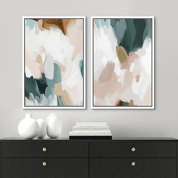 MUDECOR Framed Canvas Print Wall Art Watercolor Pastel White Blue Pattern Abstract Illustrations Modern Art Decorative Bohemian Colorful Chic for Living Room, Bedroom, Office - 16"x24"x2 White