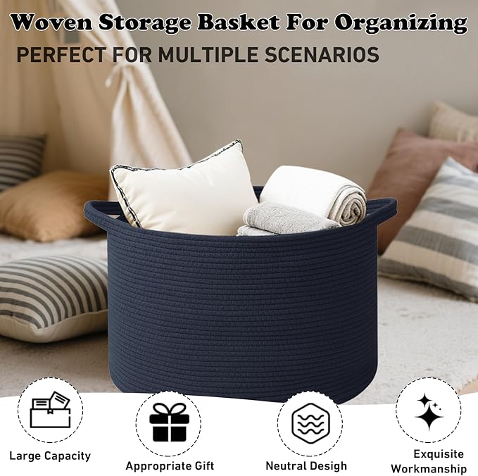 Large Storage Basket with Handle,19.7"L x 19.7"W x 13"H Blanket Basket Storage Bins for Organizing,65L Cotton Rope Woven Baskets for Living Room, Nursery,Bedroom,Dark Blue