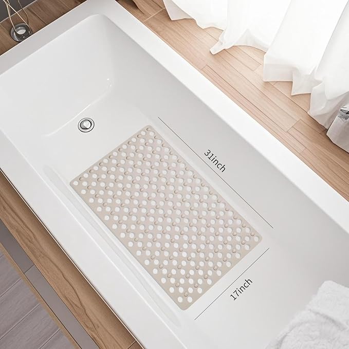 Non Slip Bathtub and Shower Mat 31x17 inch,Bath Mat with Quick Dry Drain Holes and Suction Cups, Soft Comfortable Safe Bathroom Mat for Bath Tub, Floor, Tile (Khaki)
