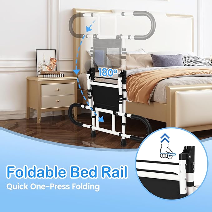 Bed Rails for Elderly Adults Safety, Bed Cane for Seniors, Adjustable Height Grab Bar Handrails with 2 Ergonomic Handles and Storage Pocket, Support up to 300 lbs, 180° Foldable Assist Rail