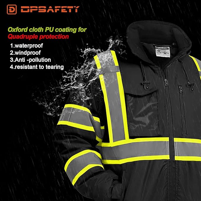 Hi Vis Safety jacket for men,Reflective high Visibility Hooded jacket,Work Bomber Jacket with Pockets and Zipper,Waterproof,ANSI Class 3 Black,4XL