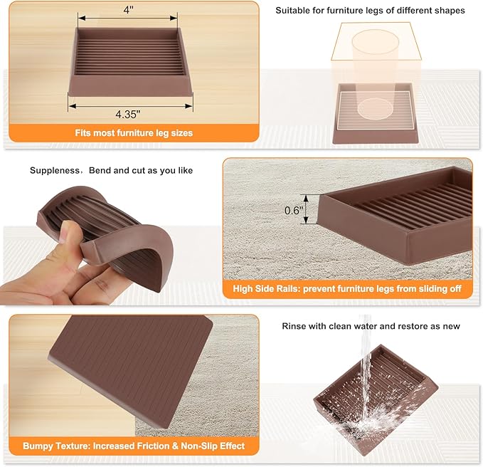 xxxHOLIC Non Slip Furniture Pads, 4” x 4” Brown Square Rubber Grippers for Hardwood Floors, Anti Skid Furniture Feet Coasters, Bed Couch Stoppers to Prevent Sliding and Floor Scratches, Set of 4