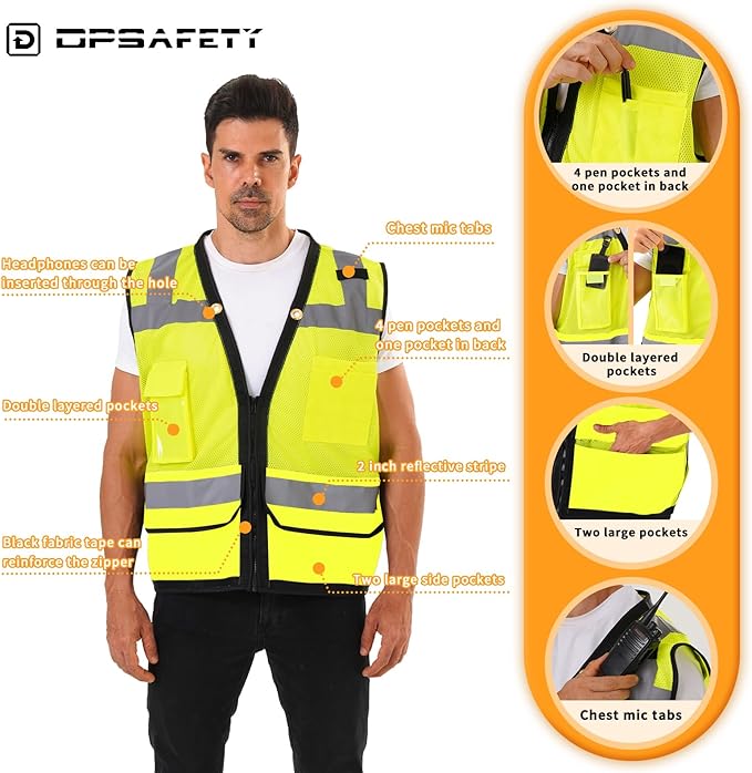 Reflective Safety vest With back plan pocket,High visibility Class 2 Heavy Duty Surveyor Vest with Zipper,Hi Vis Vest ANSI/ISEA Standard, Construction Work Vest for Men＆Women(Lime,M)