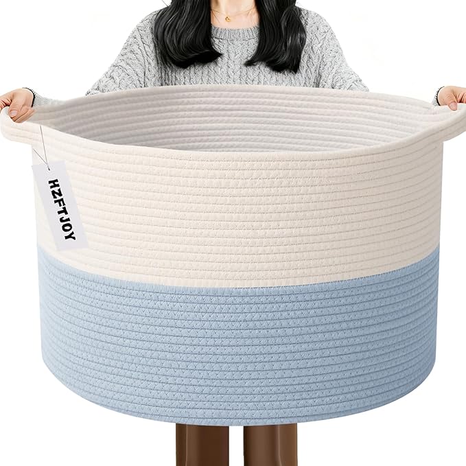 Large Storage Basket with Handle,19.7" L x 19.7" W x 13" H Blanket Basket Storage Bins for Organizing,65L Cotton Rope Woven Baskets for Living Room, Nursery ,Bedroom,White&Blue