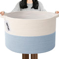 Large Storage Basket with Handle,23.6" x 23.6" x 15.7" Blanket Basket Storage Bins for Organizing,65L Cotton Rope Woven Baskets for Living Room, Nursery ,Bedroom,White&Blue